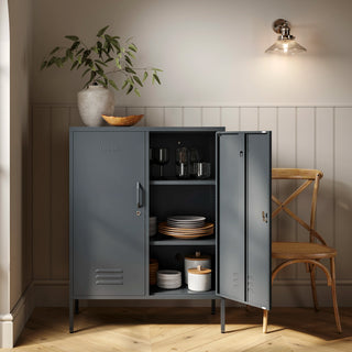 The Fulham metal storage locker in slate grey with 2 doors, one open showing tableware inside