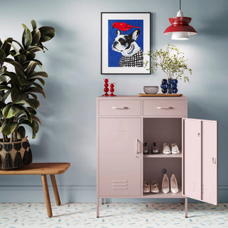 the Kensington in light pink, a 2 Door, 2 Drawer Metal Locker open to reveal 2 shelves with shoes