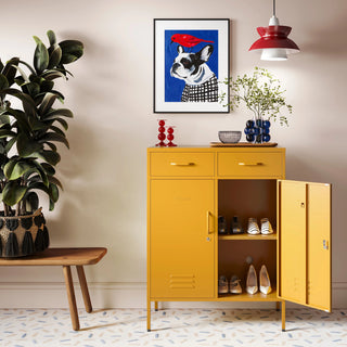the Kensington in mustard yellow, a 2 Door, 2 Drawer Metal Locker open to reveal 2 shelves with shoes inside