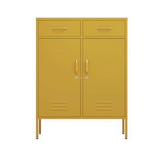 two door, two drawer metal storage locker in mustard yellow