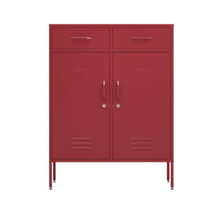 Metal storage locker with 2 doors and 2 drawers in red