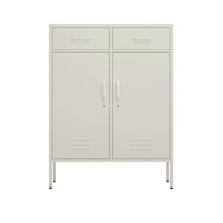 two door metal storage locker with two drawers above in vanilla white