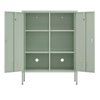 The Fulham metal storage locker in sage green with 2 doors both open