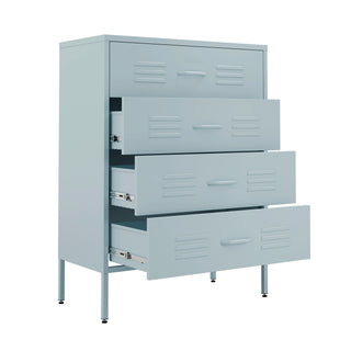 The Harrow metal drawers in sky blue with 4 drawers and 3 of them open