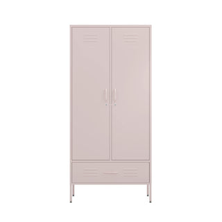 Two door wardrobe locker in light pink with drawer at the bottom