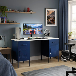 The Double Bromley Children/Teenage Desk with Navy Blue Lockers - White Desktop - Urban Lockers