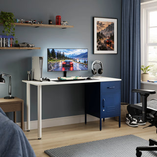 The Bromley Children/Teenage Desk with Navy Blue Locker - White Desktop - Urban Lockers