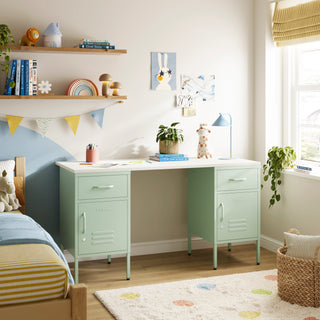 The Double Bromley Children/Teenage Desk with Sage Lockers - White Desktop - Urban Lockers
