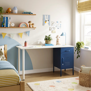 The Bromley Children/Teenage Desk with Navy Blue Locker - White Desktop - Urban Lockers