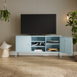 The Henley metal TV stand and media unit in sky blue with two cupboards and open central shelving.