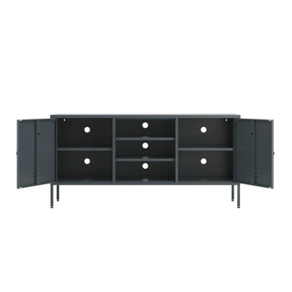 Henley TV stand with two cupboards and open shelving, styled beneath a TV in a living room with open doors