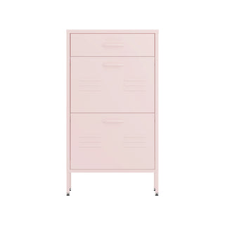 The Shoreditch shoe cabinet in pink with a top drawer, two lower shoe compartments and matching handles, styled in a hallway.