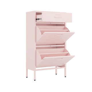 The Shoreditch shoe cabinet in pink with a top drawer, two lower shoe compartments and matching handles, styled in a hallway.