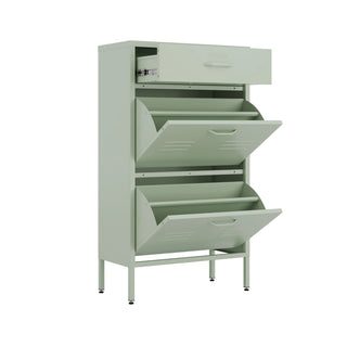 The Shoreditch shoe cabinet in sage with a top drawer, two lower shoe compartments and matching handles, styled in a hallway.