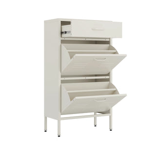 The Shoreditch shoe cabinet in Vanilla with a top drawer, two lower shoe compartments and matching handles, styled in a hallway.