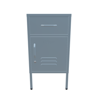 The Bromley, a small, 1 door metal locker with a drawer above it, in sky blue.